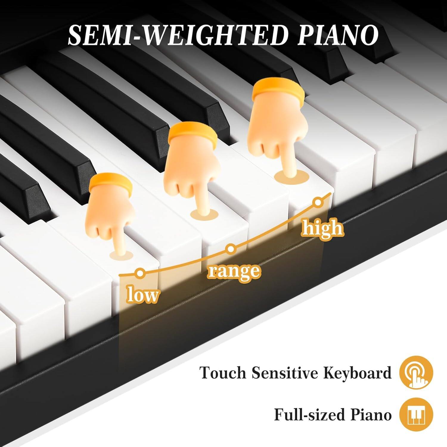 SEMI-WEIGHTED PIANO

Touch Sensitive Keyboard  
Full-sized Piano

high range  
low