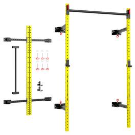 Soozier - Folding Squat Rack with Adjustable Pull-Up Bar, 1000 Pounds Capacity Wall Mounted Power Rack, Adjustable Barbell Rack - Yellow