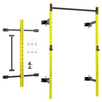 Front. Soozier - Folding Squat Rack with Adjustable Pull-Up Bar, 1000 Pounds Capacity Wall Mounted Power Rack, Adjustable Barbell Rack - Yellow.