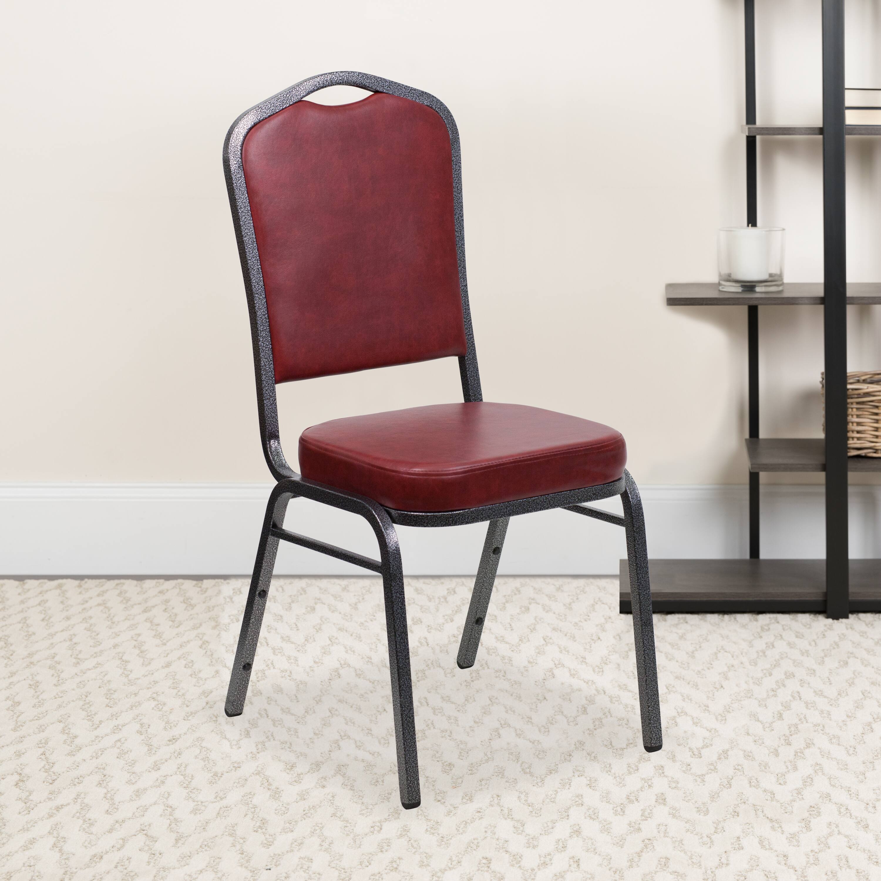 Alt View 2. Emma + Oliver - 4 Pack Crown Back Stacking Banquet Chair - Burgundy Vinyl/Silver Vein Frame.