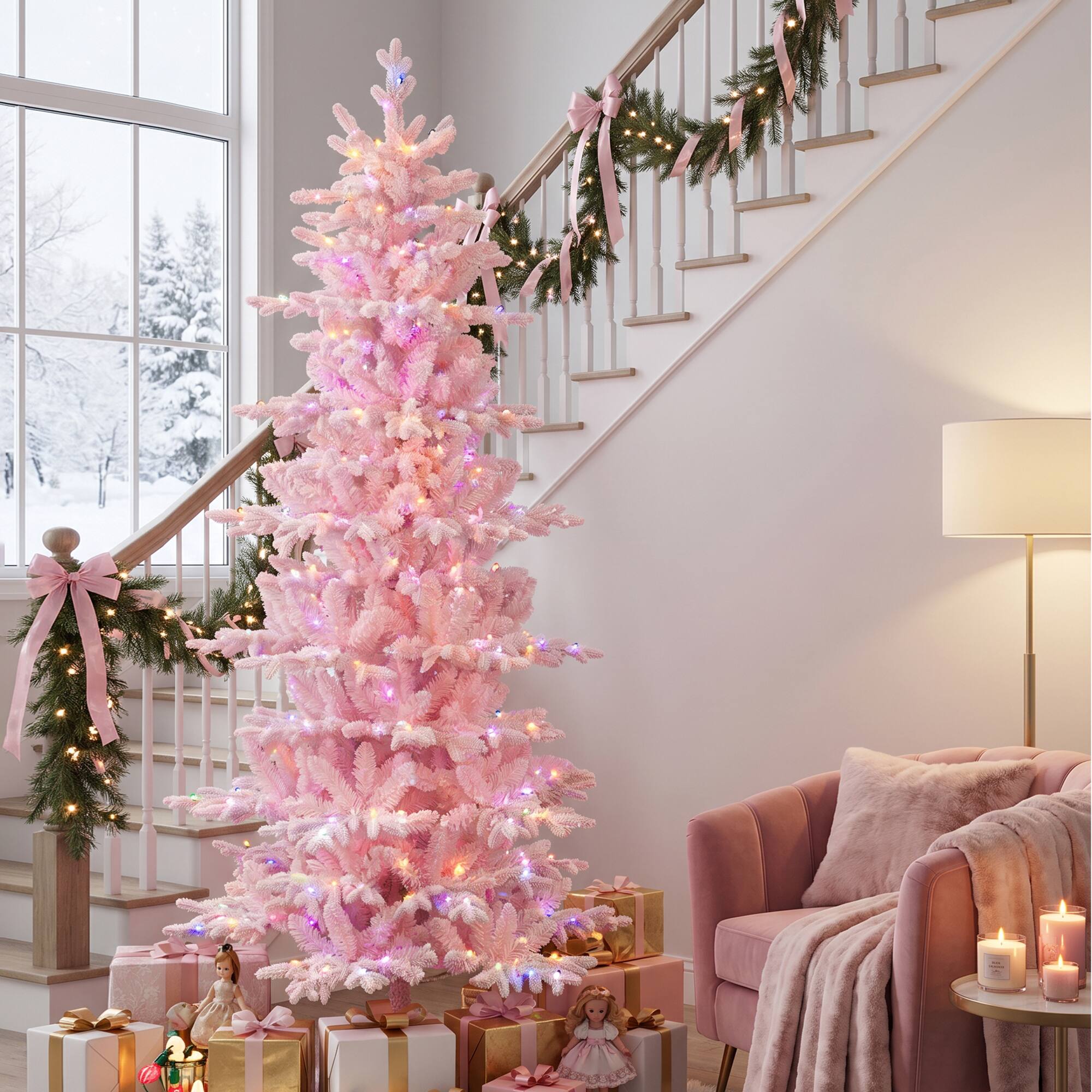 Alt View 10. Glitzhome - 7.5ft Deluxe Pre-Lit Flocked Slim Fir Artificial Christmas Tree with 360 Lights - Pink.