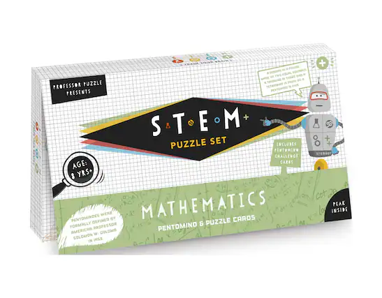 **Professor Puzzle Presents**
**STEM+ Puzzle Set**
**Age: 8 yrs+**
**Mathematics**
**Pentomino & Puzzle Cards**
**Pentominoes were formally defined by American Professor Solomon W. Golomb in 1953.**
**A domino is a figure made of two equal squares. A triomino is three and a tetromino is four. A pentomino is five.**
**Includes Pentomino STEMbot Challenge Cards**
**Peak Inside**
**Train Your Brain**
**STEMbot**