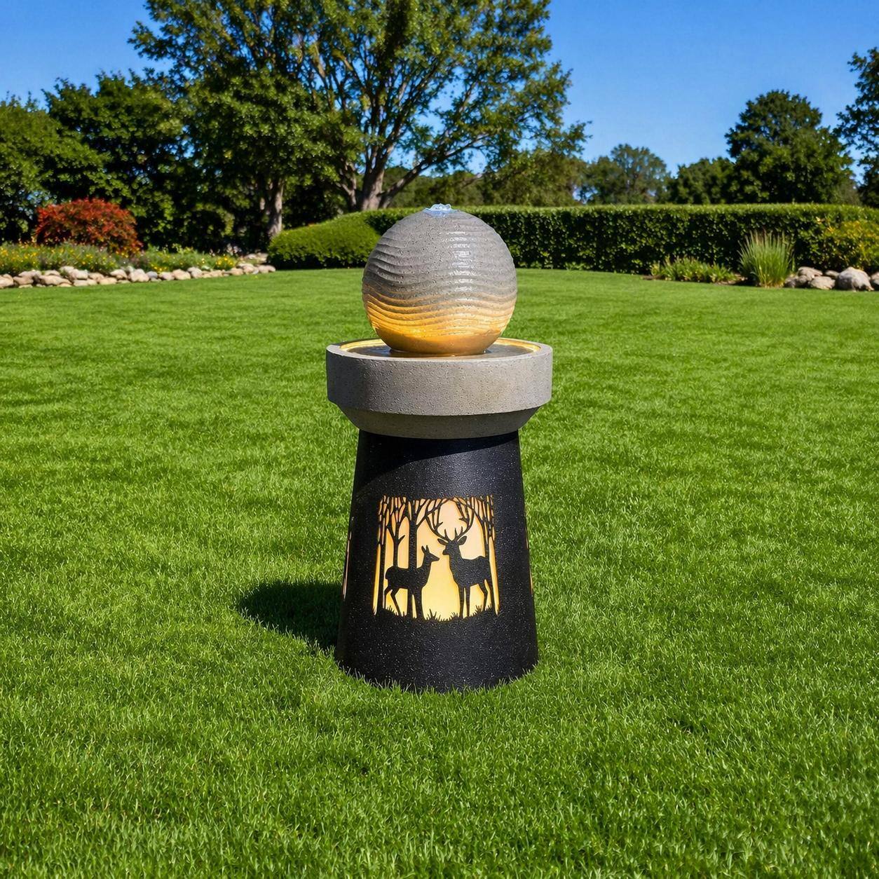 Back. RYHNUYNE - Outdoor Garden Lantern with Warm LED Light – Deer Silhouette Decorative Landscape Light for Patio, Yard.