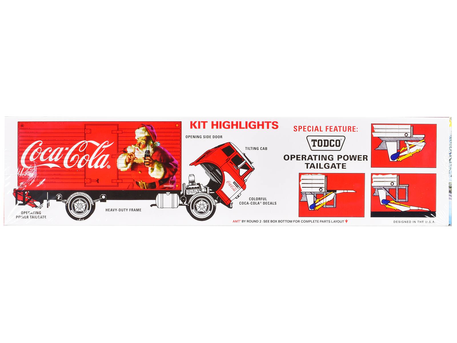 Coca-Cola

KIT HIGHLIGHTS
- OPENING SIDE DOOR
- TILTING CAB
- COLORFUL COCA-COLA DECALS
- HEAVY-DUTY FRAME
- OPERATING POWER TAILGATE

SPECIAL FEATURE:
- TODCO OPERATING POWER TAILGATE

AMT BY ROUND 2. SEE BOX BOTTOM FOR COMPLETE PARTS LAYOUT

DESIGNED IN THE U.S.A.
