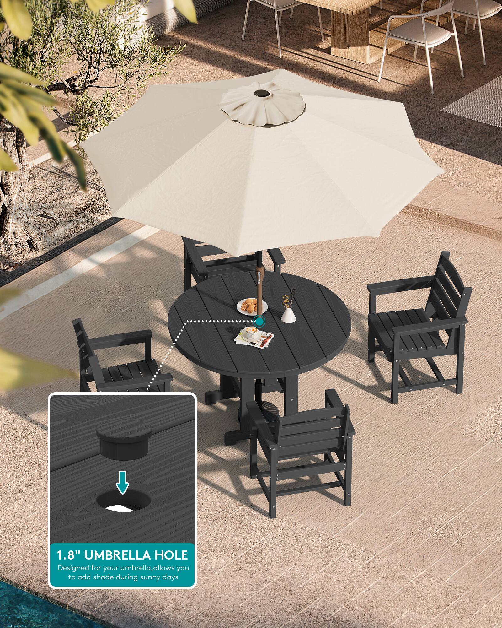 1.8" UMBRELLA HOLE  
Designed for your umbrella, allows you to add shade during sunny days