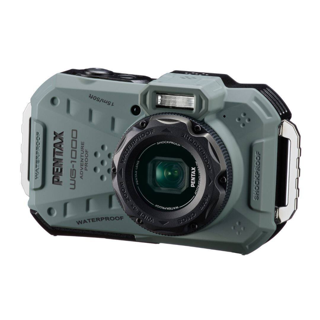 Pentax waterproof camera with a 16MP sensor and a 200m waterproof rating. The camera features a shockproof lens and is designed for outdoor adventures.