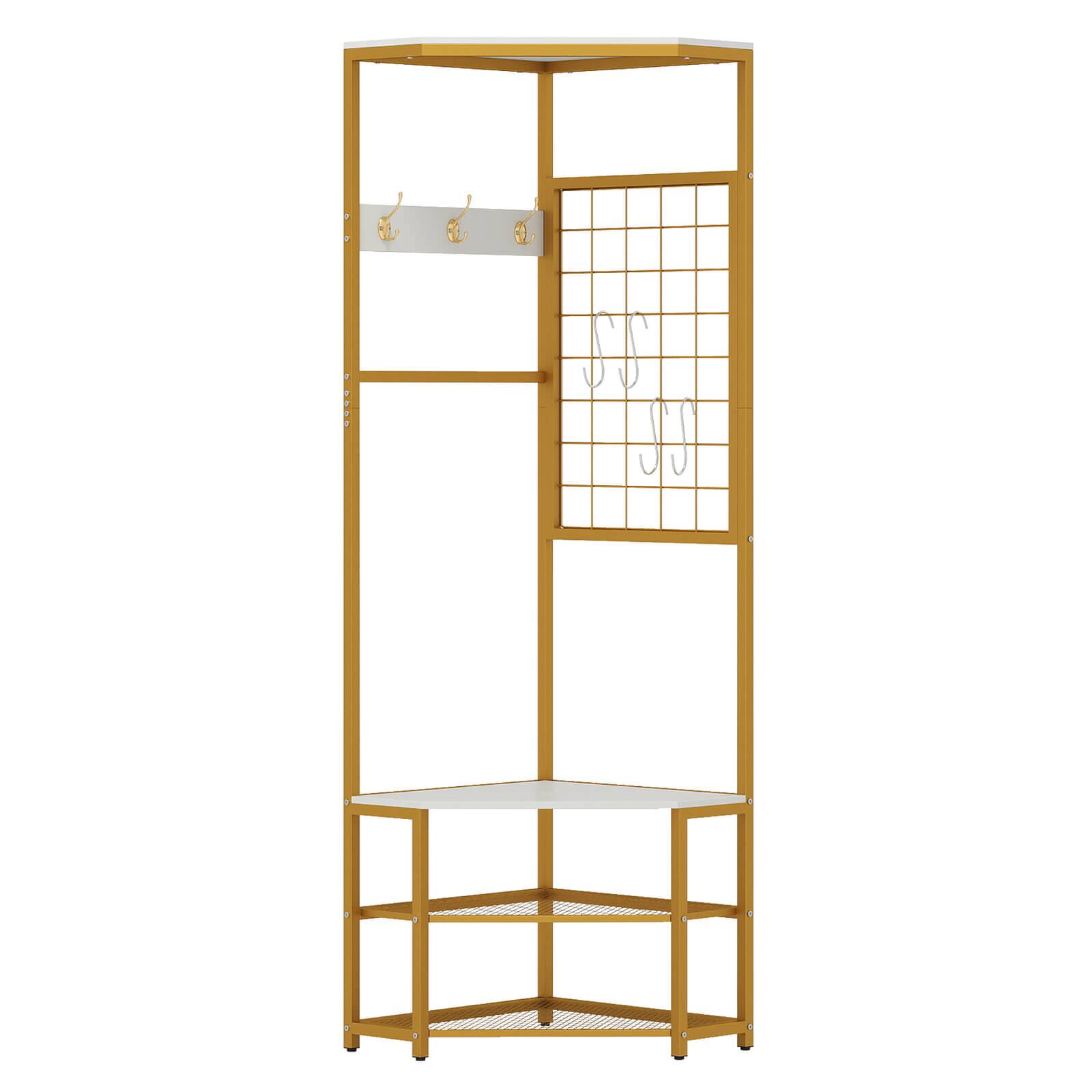 Front. Costway - Costway Corner Hall Tree, Freestanding Coat Rack with Storage Shelves & Removable Hooks - Gold + White.