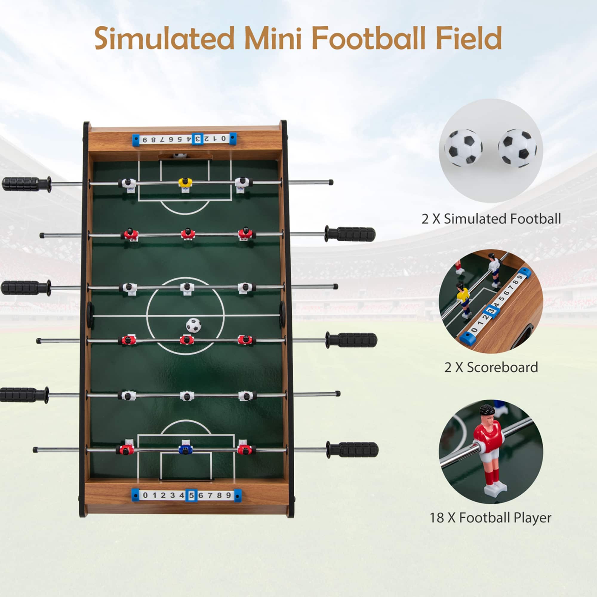 Simulated Mini Football Field: 456789 8 7 4 C 2 012 L 0 2 X Simulated Football $ 0123456789 + N C o 2 X Scoreboard 01234 5 6 5789 18 X Football Player