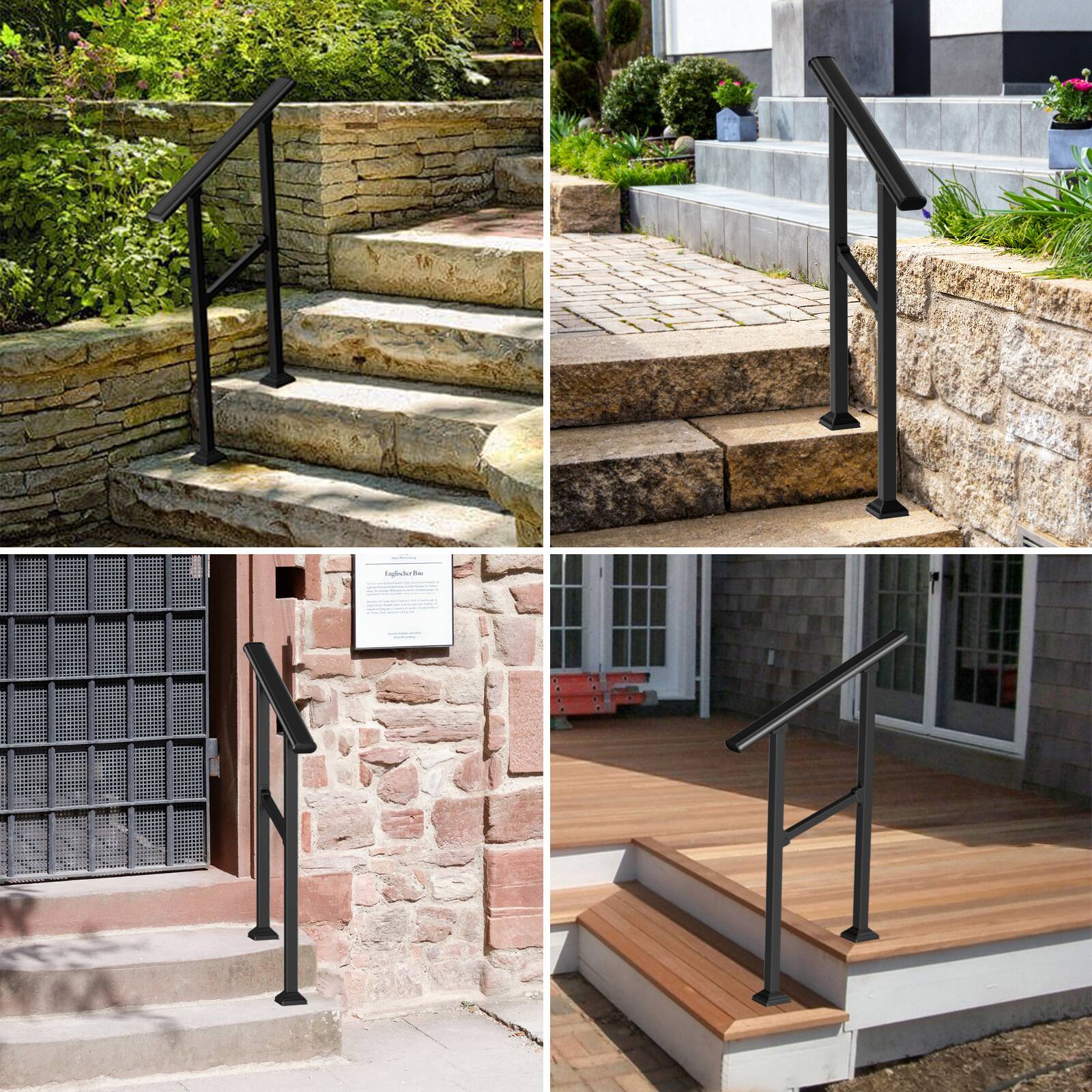 Back. LOVMOR - LOVMOR 1 Pack 2 Step Hand Rails for Outdoor Steps Wrought Iron Railing - Black.