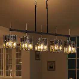 Siljoy - 36 in 5‑Light Linear Pendant, Metal Frame, Smoke Gray Textured Glass Shades, E12 Adjustable Height for Living Room - Black