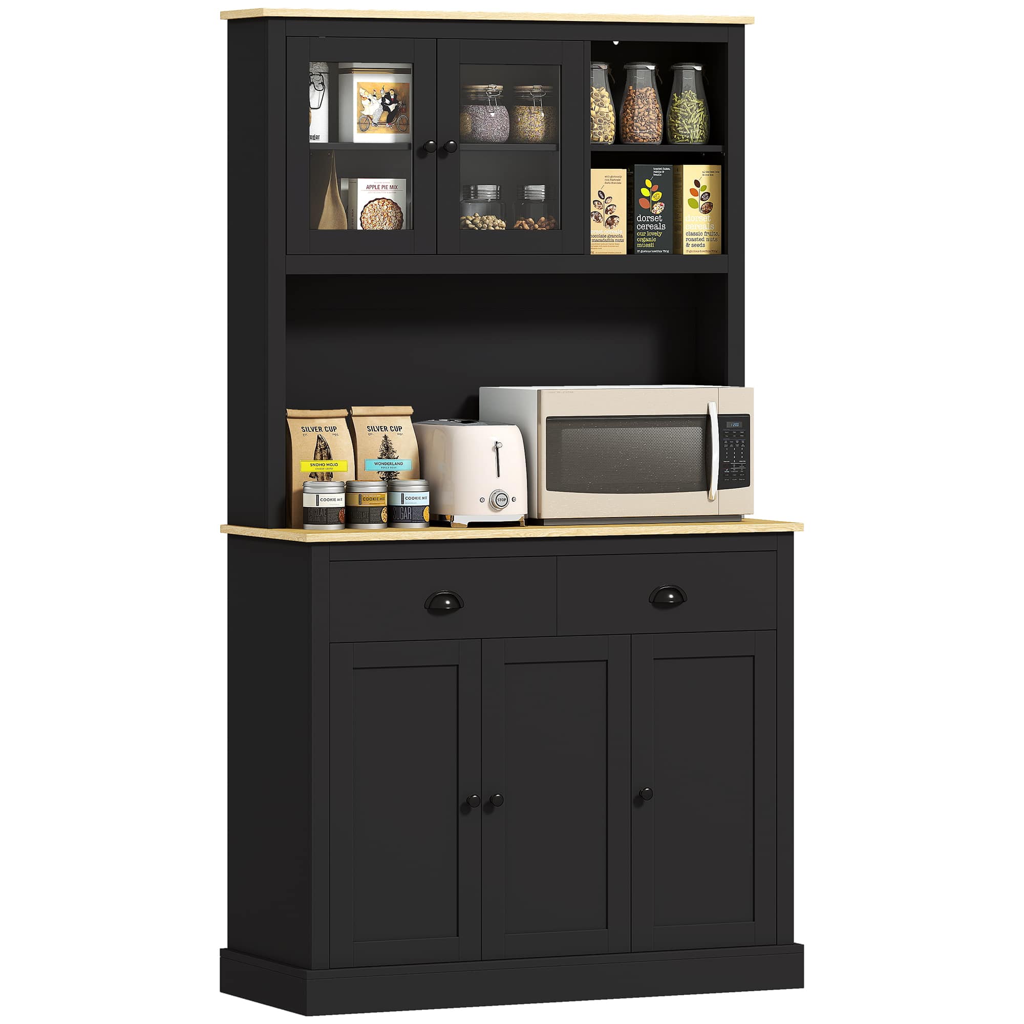 Sure, here is the corrected and grouped text from the image:

**Top Shelf:**
- Gourmet cereals

**Middle Shelf:**
- Silver Cup
- Silver Cup
- Dorset cereals
- Dorset cereals
- Dorset cereals

**Bottom Shelf:**
- Silver Cup
- Silver Cup
- Silver Cup

**Microwave:**
- (No visible text)

**Cabinets:**
- (No visible text)