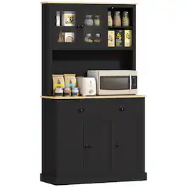 Homcom - Kitchen Pantry Storage Cabinet with Microwave Stand, 71" Modern Kitchen Hutch with Glass Doors, Storage Drawers - Black