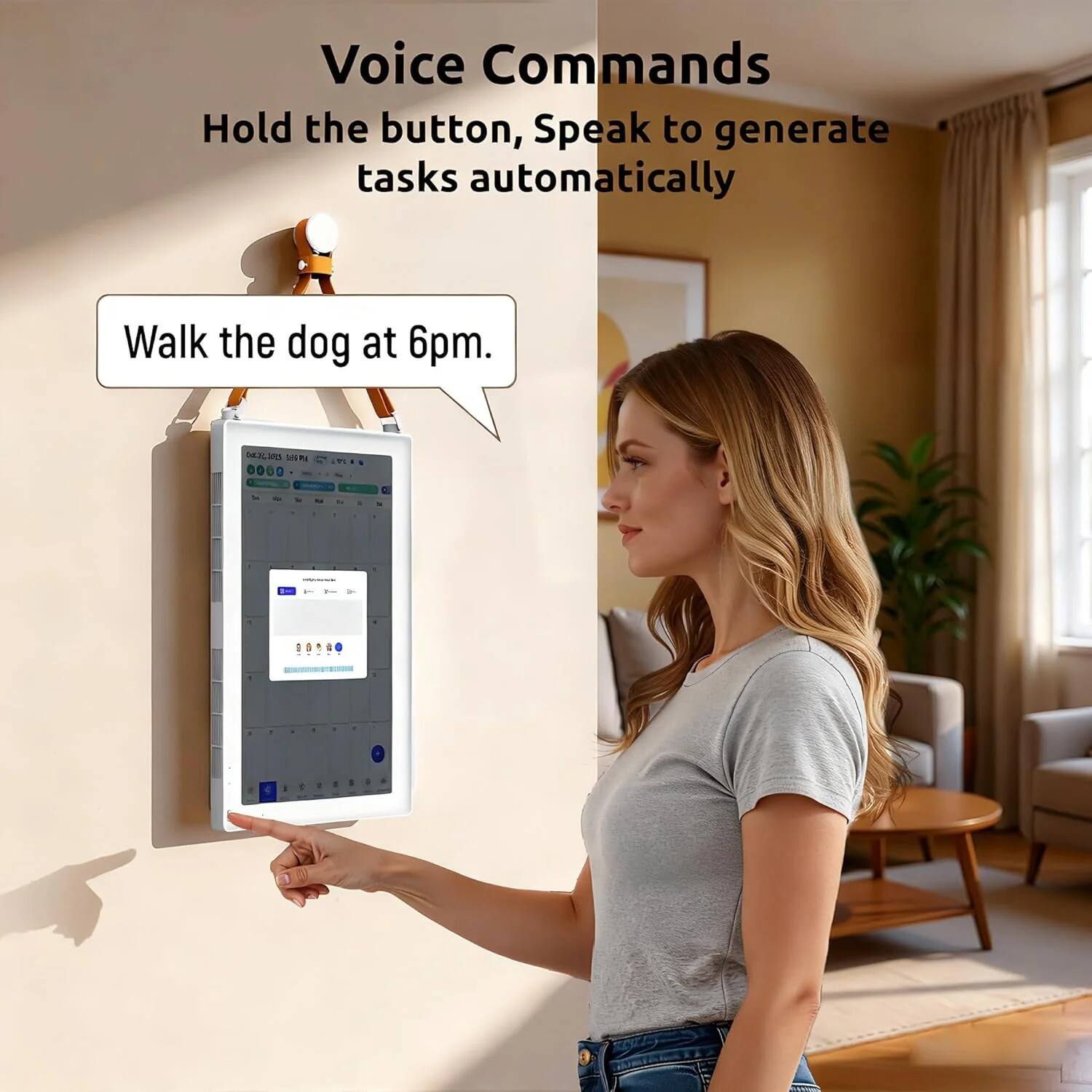 Voice Commands  
Hold the button, Speak to generate tasks automatically  
Walk the dog at 6pm.