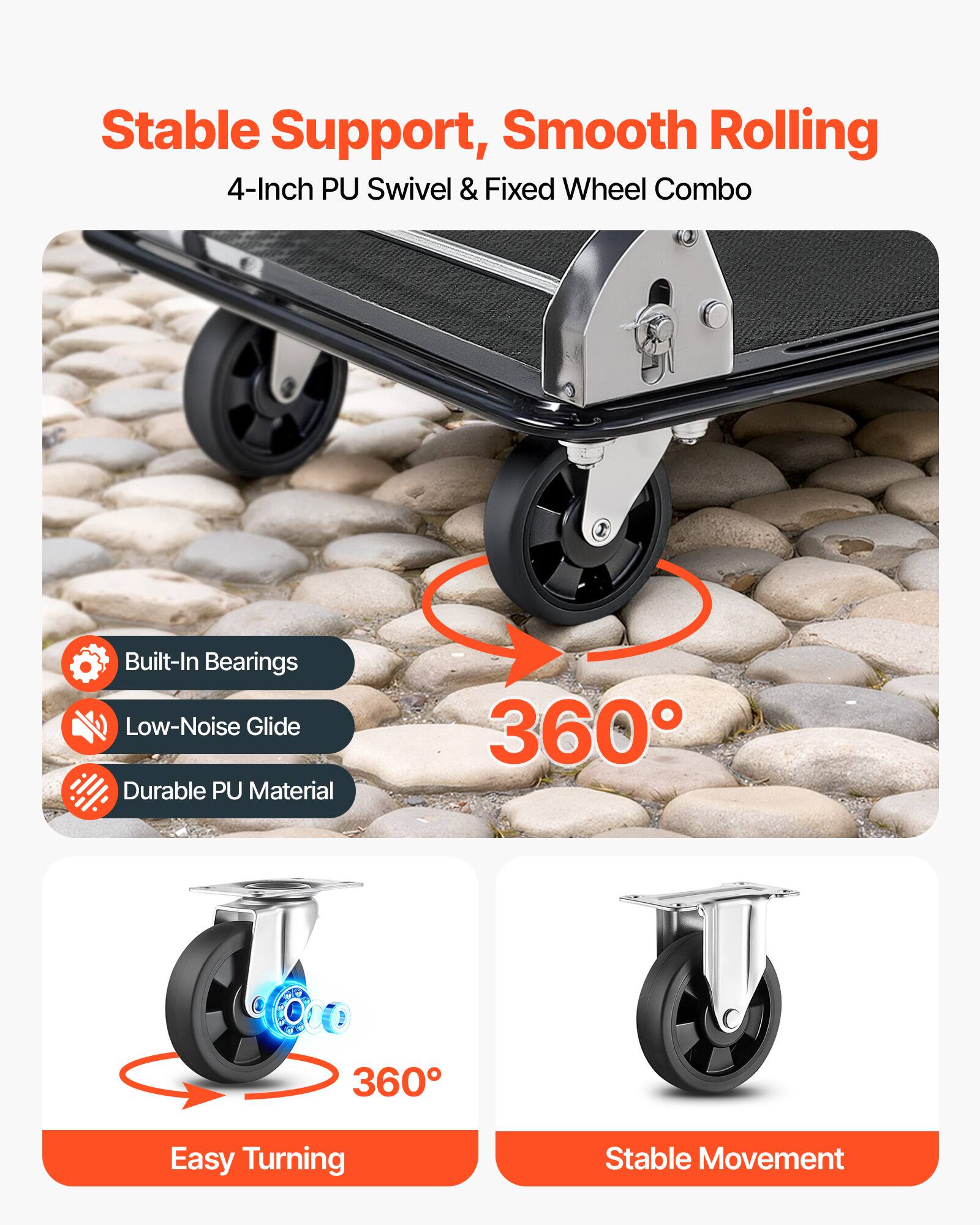 Stable Support, Smooth Rolling  
4-Inch PU Swivel & Fixed Wheel Combo  
Built-In Bearings  
Low-Noise Glide  
Durable PU Material  
360° Easy Turning  
Stable Movement