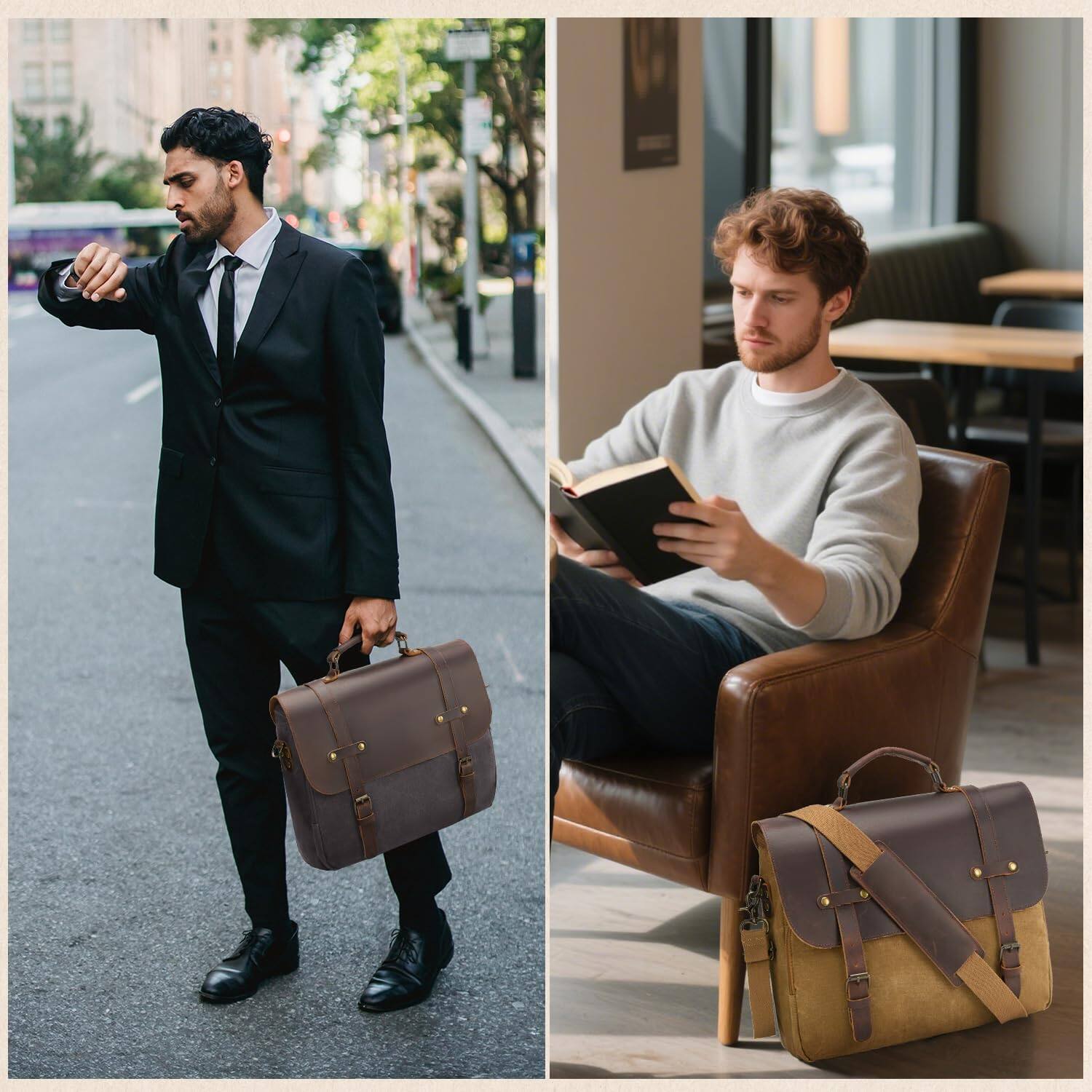 Alt View 3. Skar Audio - Mens Messenger Bag Waxed Canvas Laptop Briefcase 16" Vintage Genuine Leather Crossbody Bags Waterproof - Dark Grey.