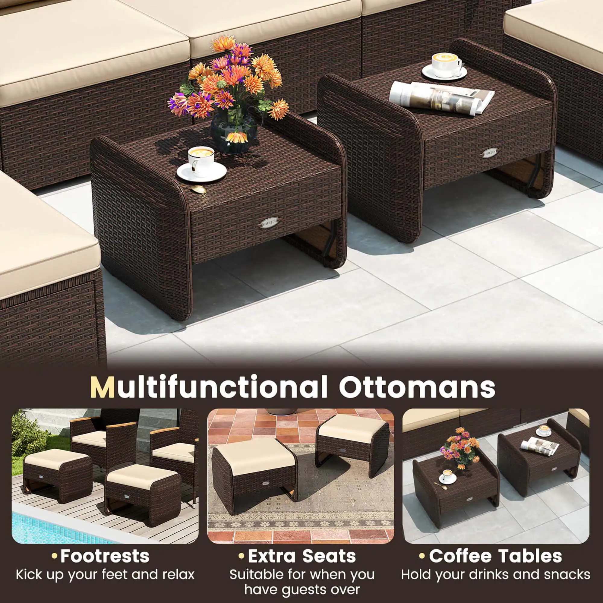 Multifunctional Ottomans: Kick up your feet and relax. Extra Seats: Suitable for when you have guests over. Coffee Tables: Hold your drinks and snacks.