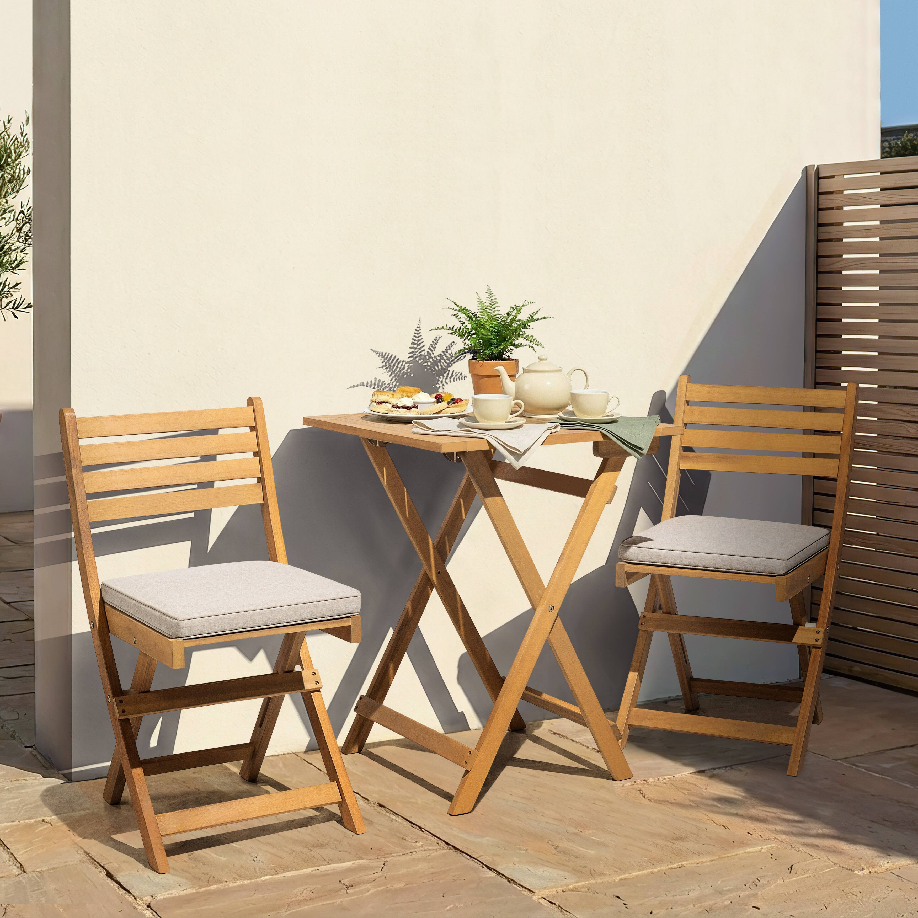 Angle. Nuu Garden - Acacia Wood 3PCS Patio Bistro Set with Removable Cushions, Foldable Design - Natural.