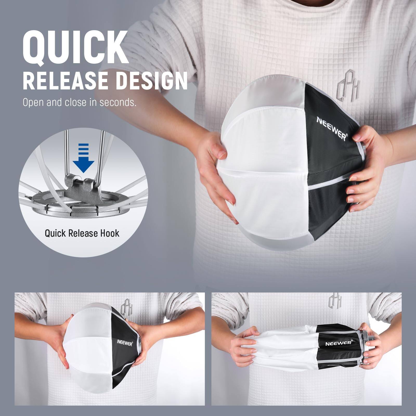 QUICK RELEASE DESIGN  
Open and close in seconds.  

NEEWER Quick Release Hook