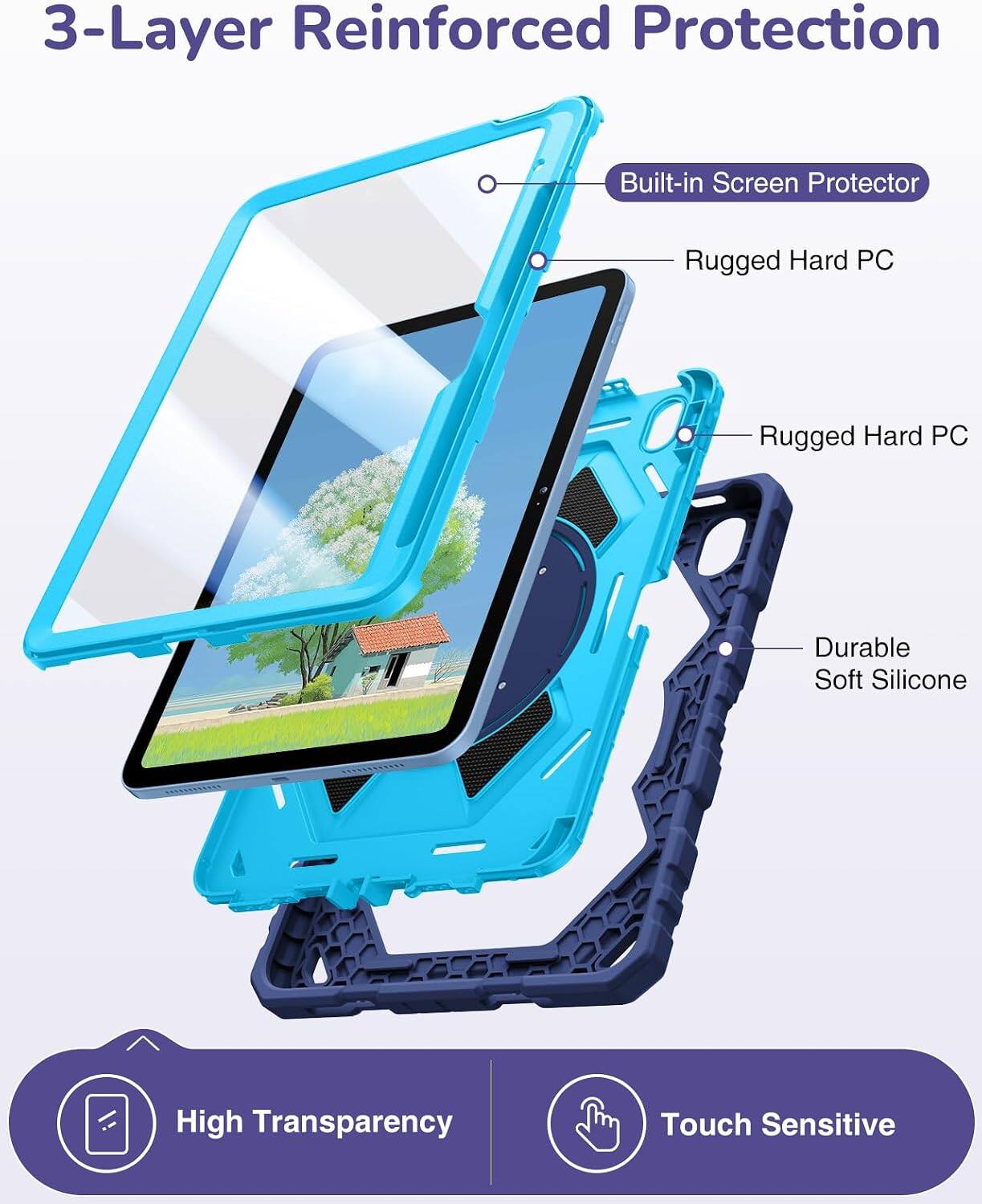 3-Layer Reinforced Protection Built-in Screen Protector Rugged Hard PC Durable Soft Silicone High Transparency Touch Sensitive