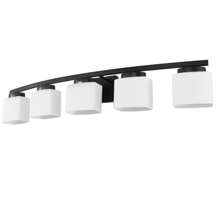 Front. Jandcase - 41 in. 5-Light Matte Black Modern Industrial Vanity Light for Bathroom with Curved Arms and Milk White Square Shades.