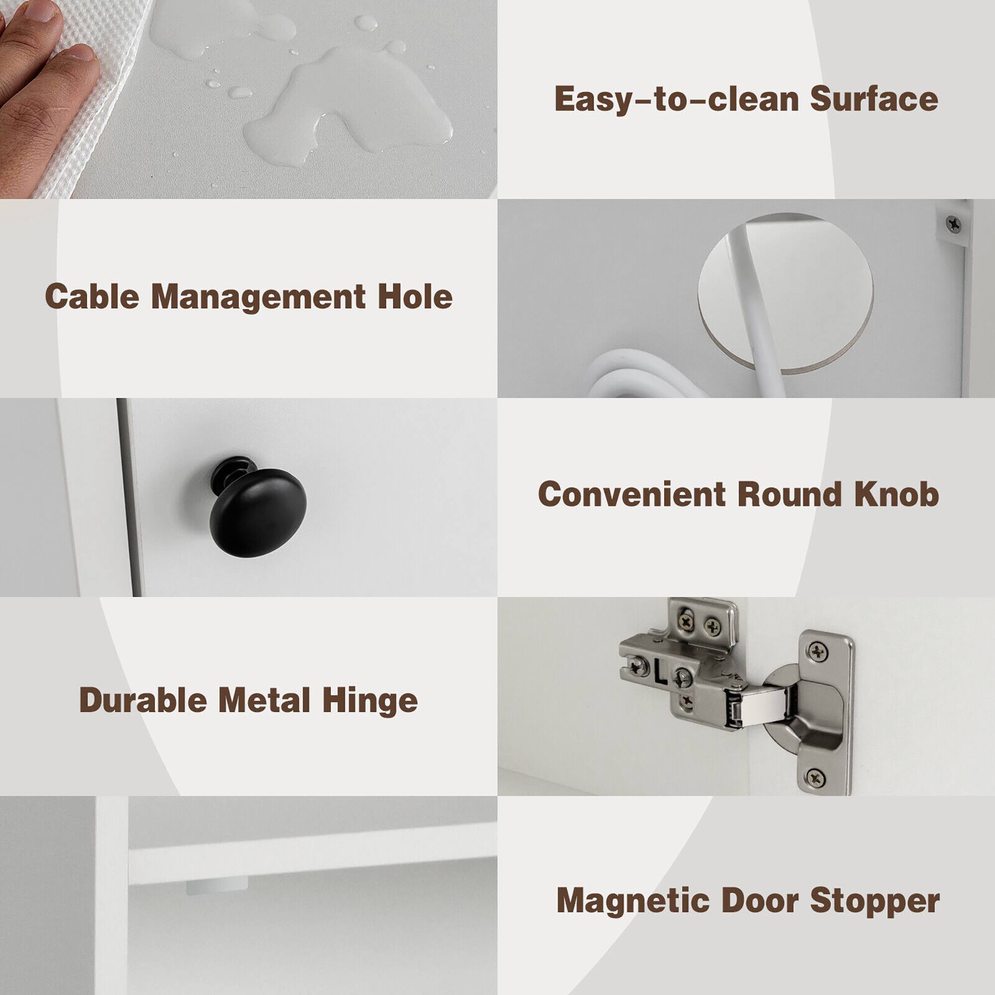 Easy-to-clean Surface  
Cable Management Hole  
Convenient Round Knob  
Durable Metal Hinge  
Magnetic Door Stopper