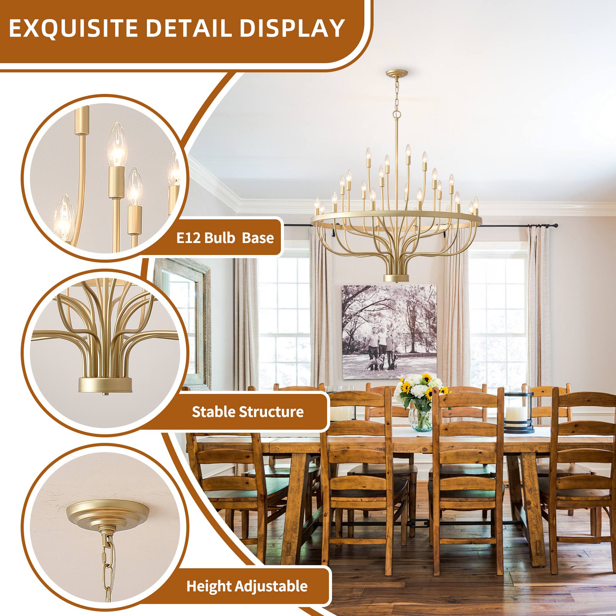 Alt View 3. RYHNUYNE - Gold Chandelier 24 Light Large Chandelier for High Ceilings 39.3in Farmhouse Wagon Wheel Chandeliers for Hallway Foyer - Gold.