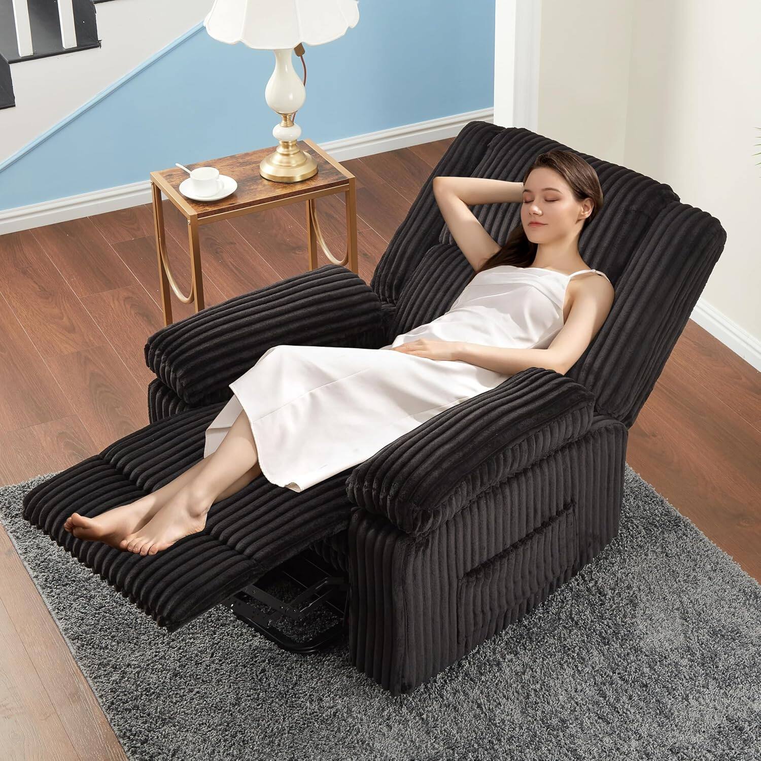 Alt View 2. GAOMON - Corduroy Recliner Chair, Manual Recliner Sofa with Handle, Pillow Top Arms, Thick Padding, Side Pocket,330Lbs Capacity - Black.