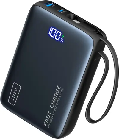 INIU - Pocket Power 20K Portable Power Bank with Built-In USB-C Cable (IN&OUT), 20000mAh PD 22.5W, for iPhone & Android - Black
