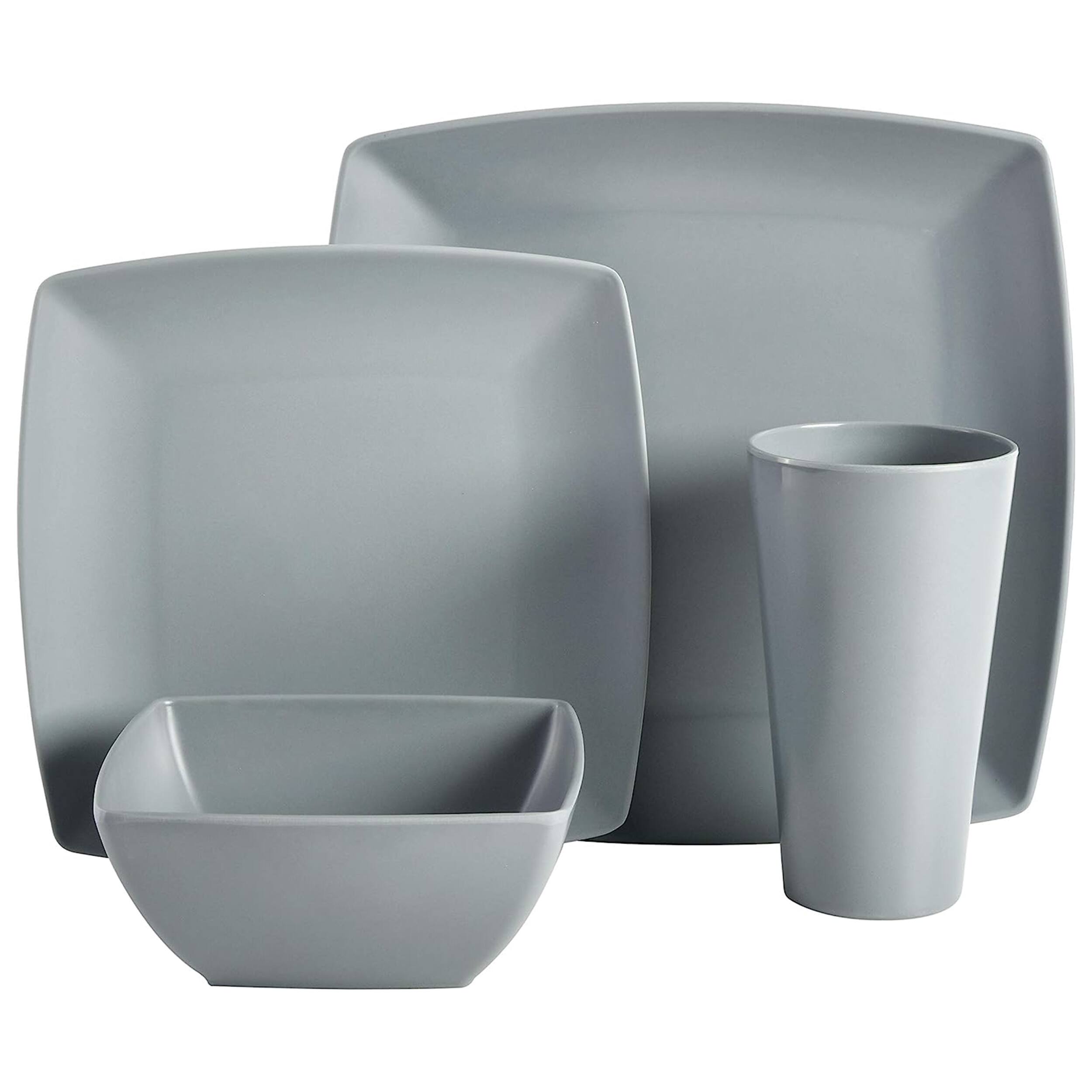 Alt View 1. Gibson - Gibson Home Grayson 16 Piece Square Melamine Dinnerware Set in Grey - Gray.