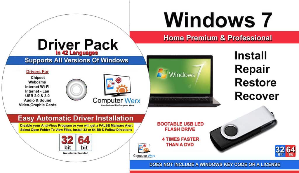 Computer Werx - Windows 7 All Versions Bootable 32/64 Bit Repair Recover Restore Reinstall USB & Windows drivers Pack - Windows