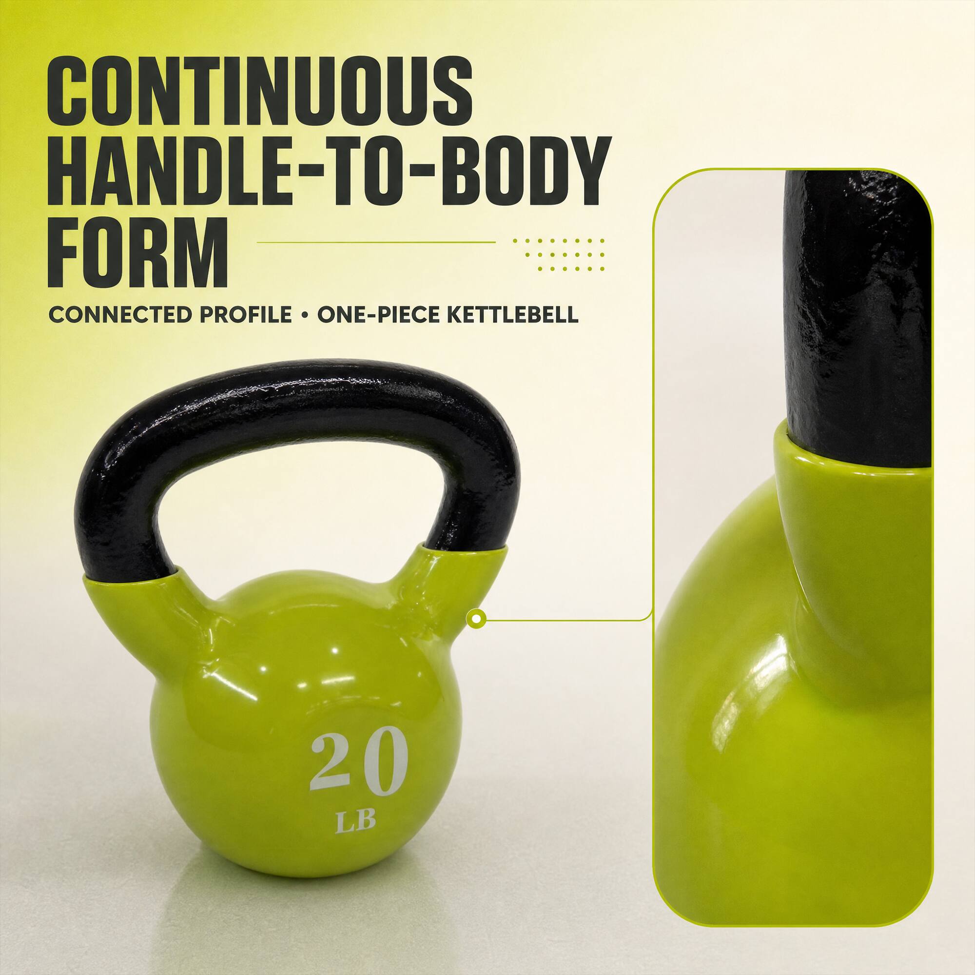 CONTINUOUS HANDLE-TO-BODY FORM  
CONNECTED PROFILE • ONE-PIECE KETTLEBELL  
20 LB