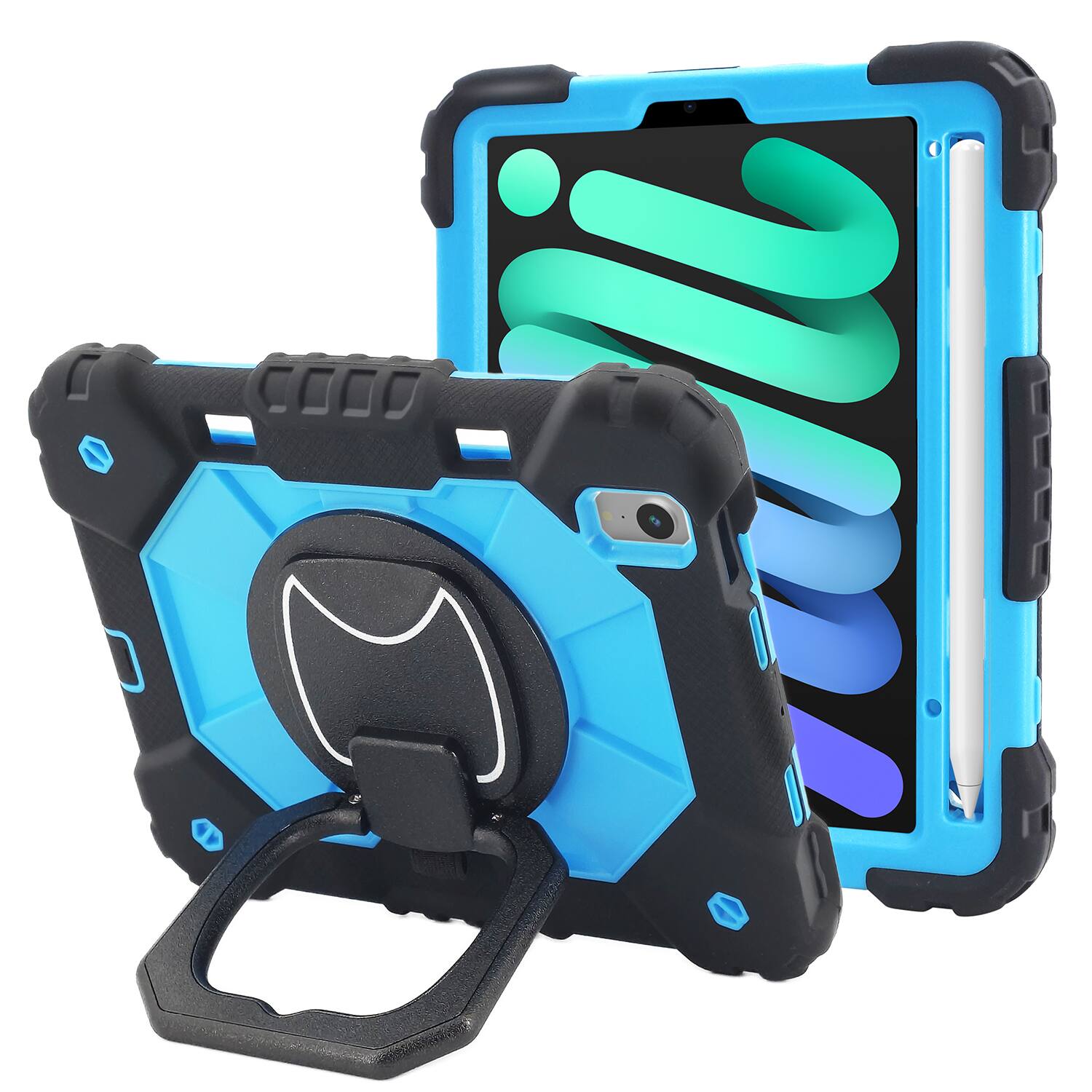 Front. Vena - For Apple iPad mini 6th Generation Case For Kids (8.3"), iPad mini A17 Pro Case 360° Rotating Hand Strap Stand, Blue - Blue.