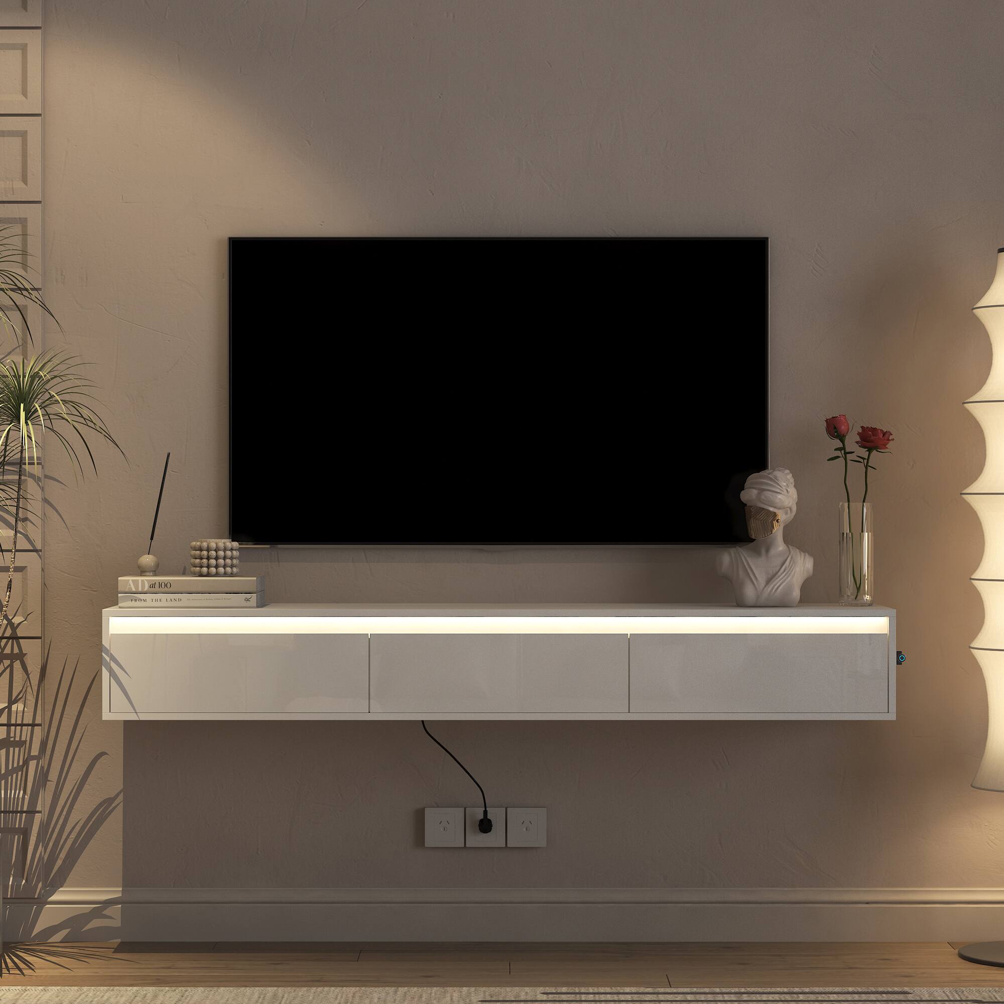 Back. APRILSOUL - Floating TV Stand Wall Mounted TV Shelf with Led Lights and Power Outlet High Gloss TV Cabinet for TV Stands - White.
