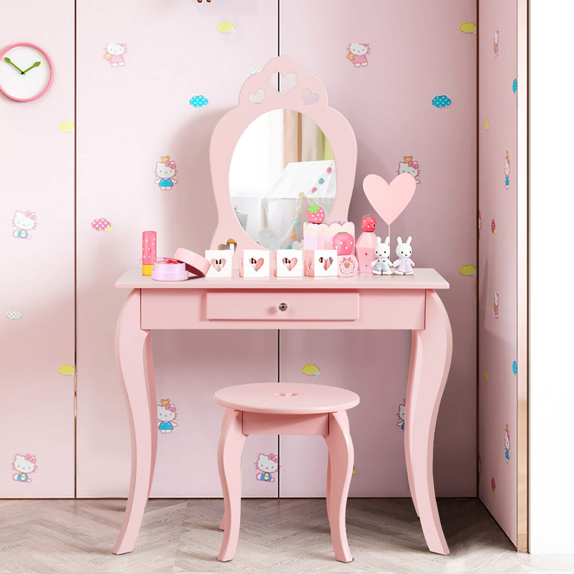 Costway - Kids Vanity Set Princess Makeup Dressing Play Table Set W/Mirror - Pink