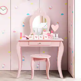 Costway - Kids Vanity Set Princess Makeup Dressing Play Table Set W/Mirror - Pink