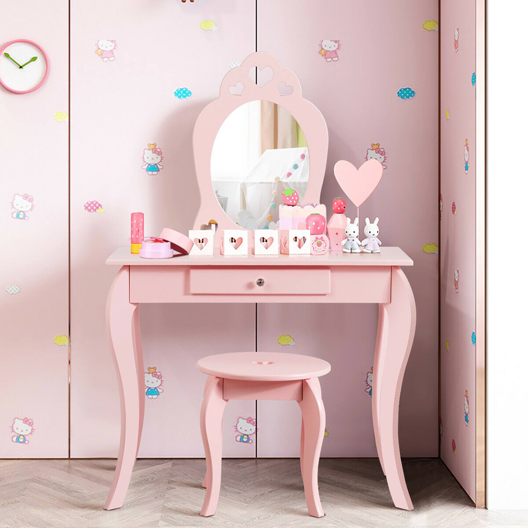 Alt View 1. Costway - Costway Kids Vanity Set Princess Makeup Dressing Play Table Set W/Mirror - Pink.