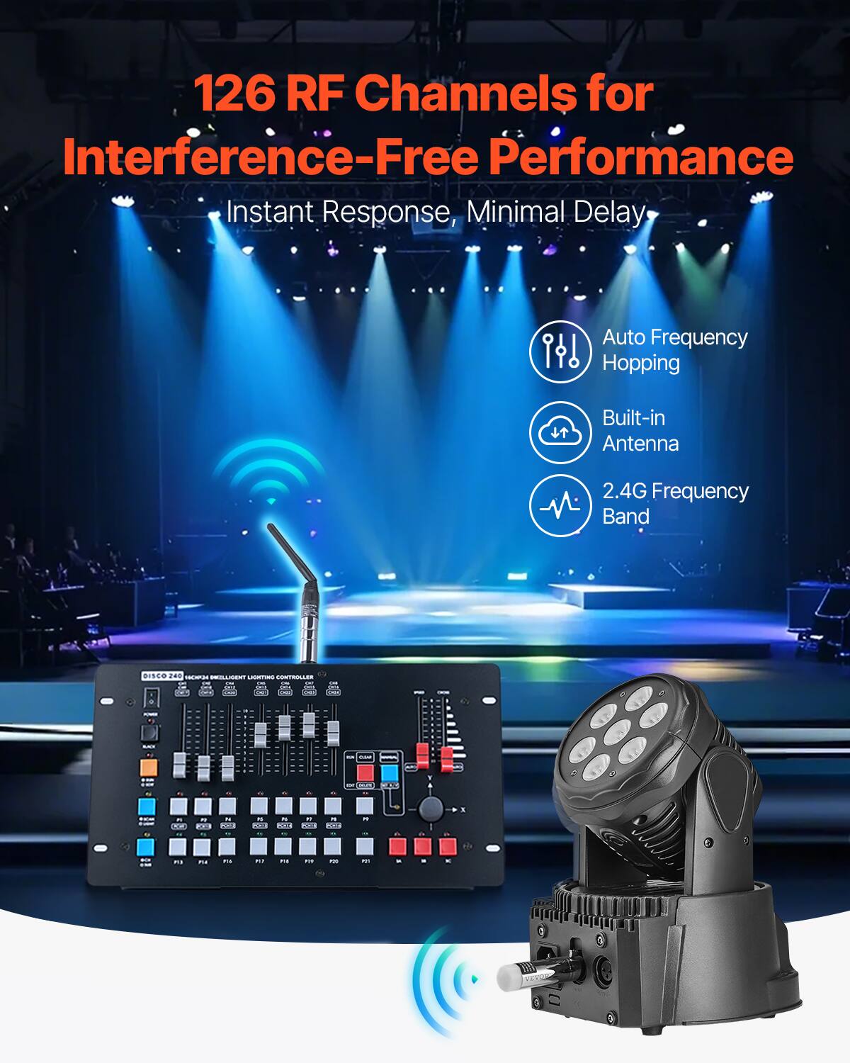 126 RF Channels for Interference-Free Performance  
Instant Response, Minimal Delay  

- Auto Frequency Hopping  
- Built-in Antenna  
- 2.4G Frequency Band  

DISCO 240  
HIGH POWER LIGHTING CONTROLLER