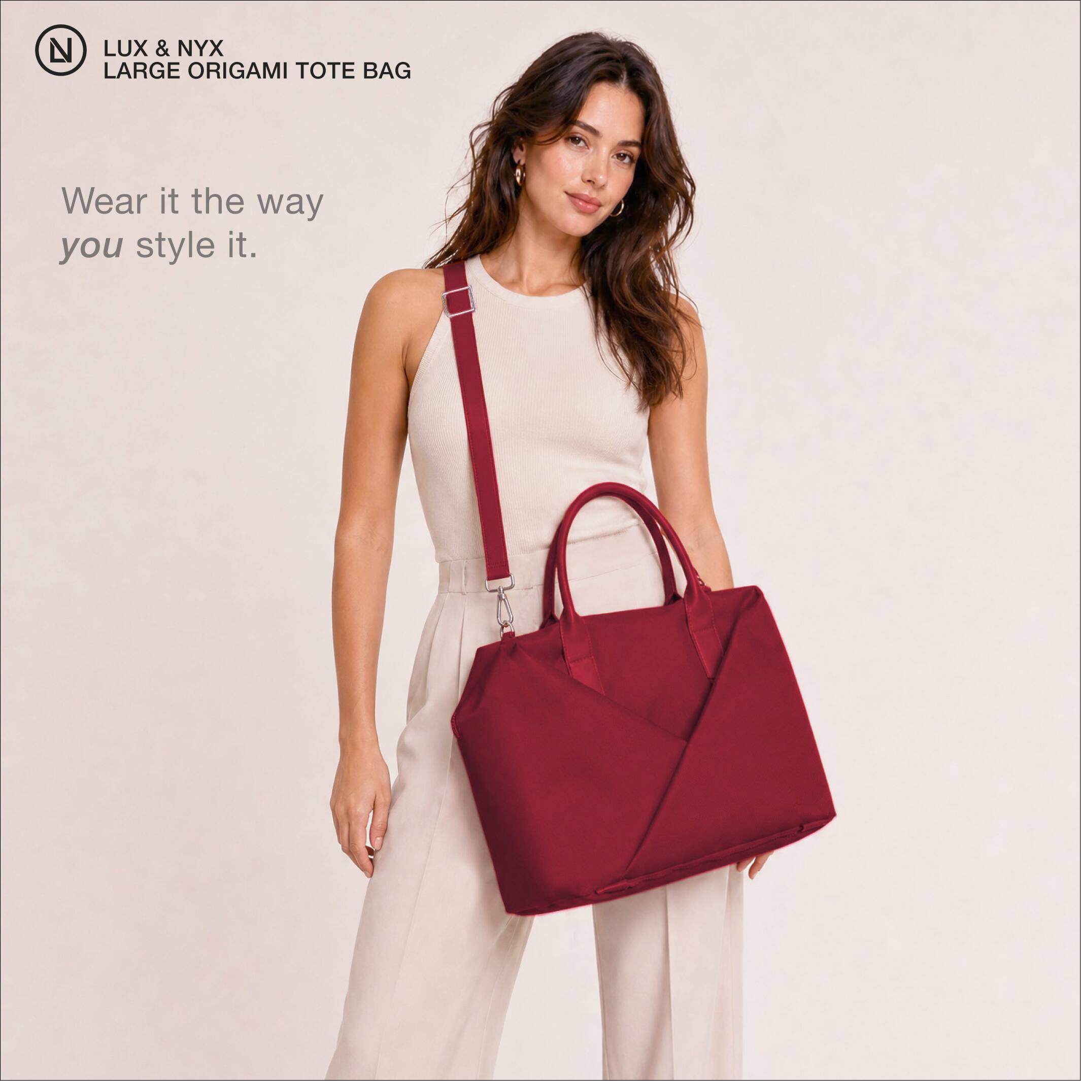 LUX & NYX LARGE ORIGAMI TOTE BAG  
Wear it the way you style it.