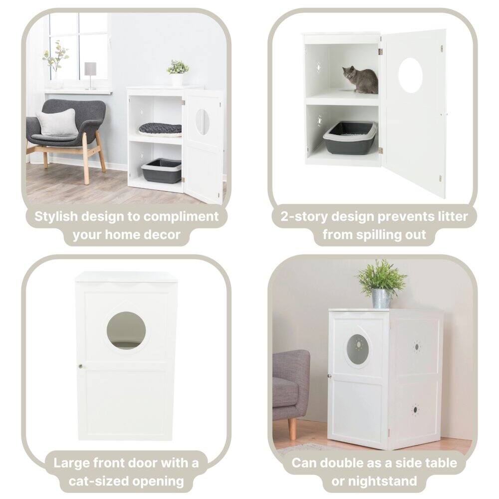 Stylish design to complement your home decor  
2-story design prevents litter from spilling out  
Large front door with a cat-sized opening  
Can double as a side table or nightstand