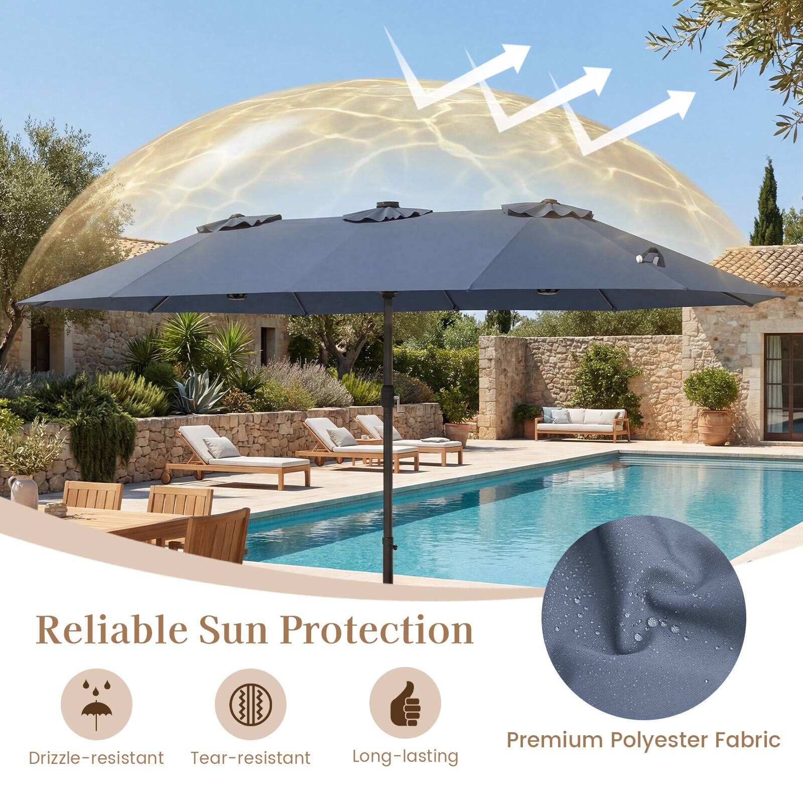 Reliable Sun Protection  
Premium Polyester Fabric  
Drizzle-resistant  
Tear-resistant  
Long-lasting