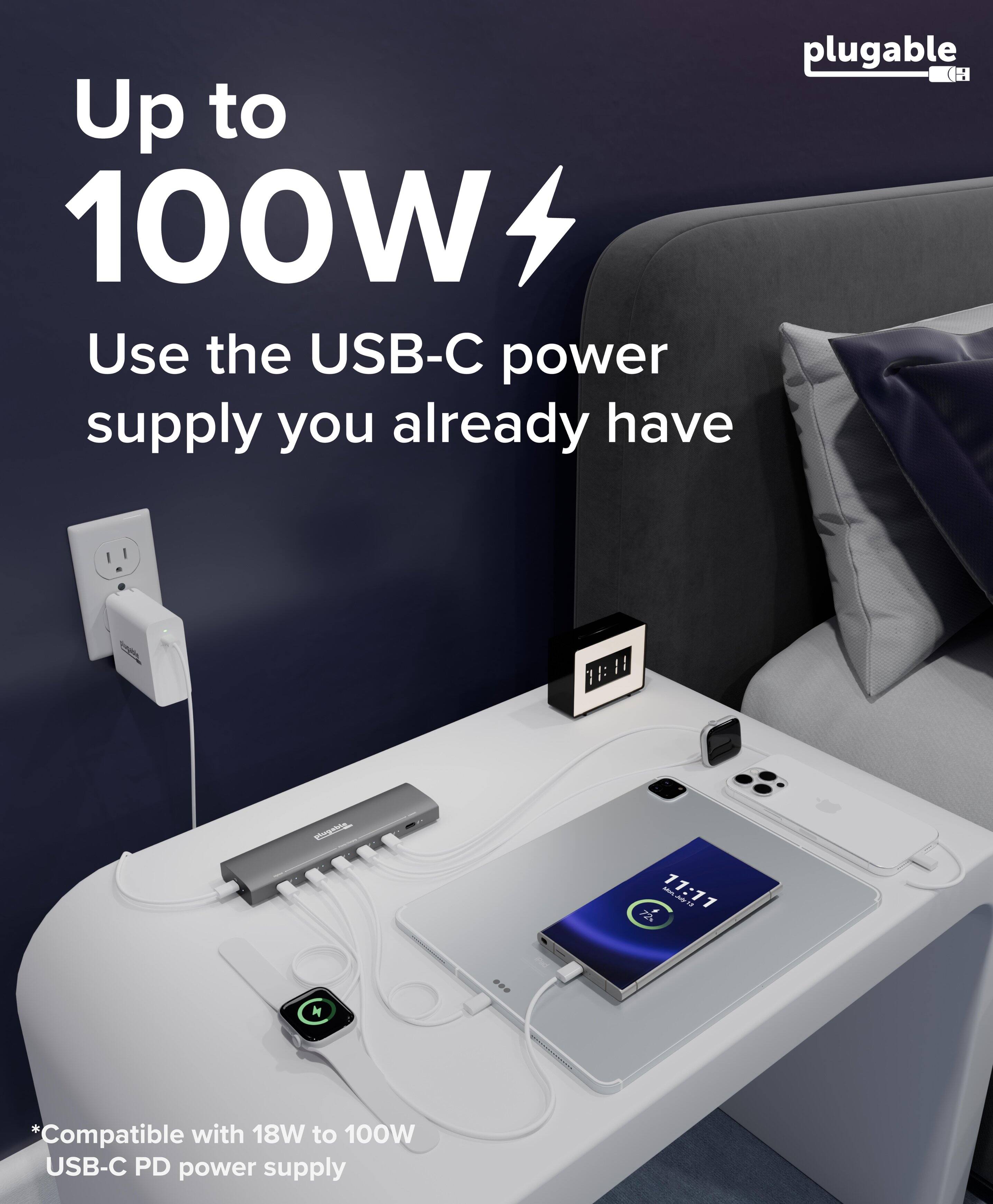 Up to 100W  
Use the USB-C power supply you already have  

*Compatible with 18W to 100W USB-C PD power supply