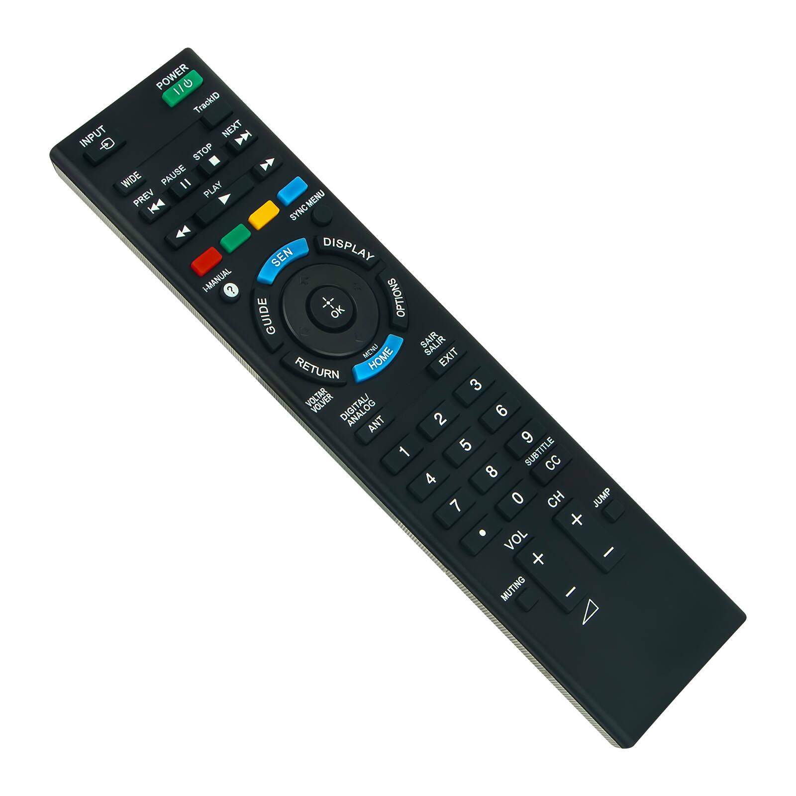 POWER 1/0 TrackID INPUT NEXT STOP WIDE PAUSE " PLAY PREV DI SYNCMENU MENU SYNC SEN DISPLAY I-MANUAL ? OPTIONS GUIDE SALIR MENU HOME EXIT RETURN 3 VOLVER DIGITAL 9 ANT 2 5 6 1 8 SUBTITLE CC 4 7 0 CH JUMP + VOL I + MUTING I A