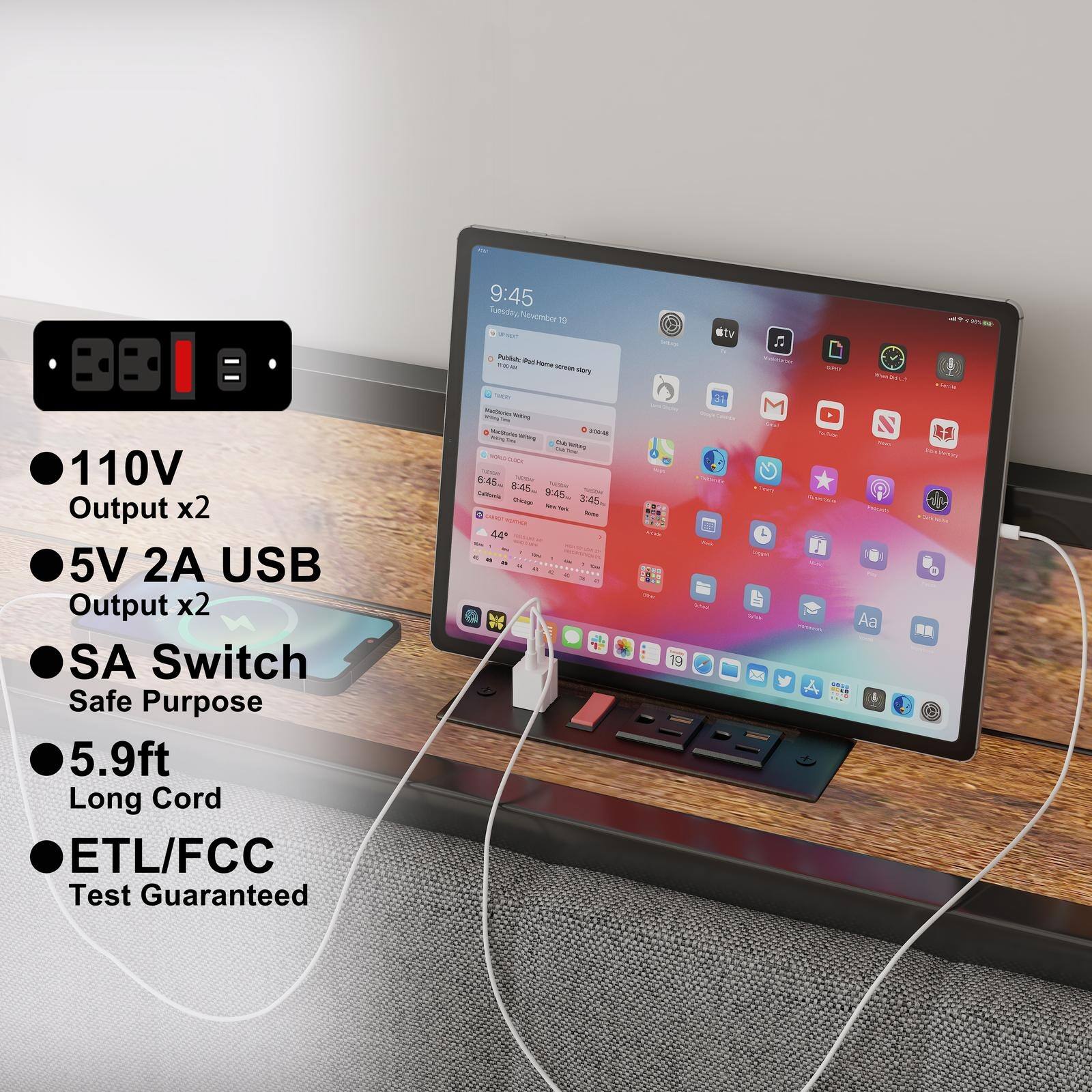 9:45 Tedy Nuvirdor 19 - Wtv 110V Output x2 5V 2A USB Output x2 SA Switch Safe Purpose 5.9ft Long Cord ETL/FCC Test Guaranteed

- 110V Output x2
- 5V 2A USB Output x2
- SA Switch Safe Purpose
- 5.9ft Long Cord
- ETL/FCC Test Guaranteed