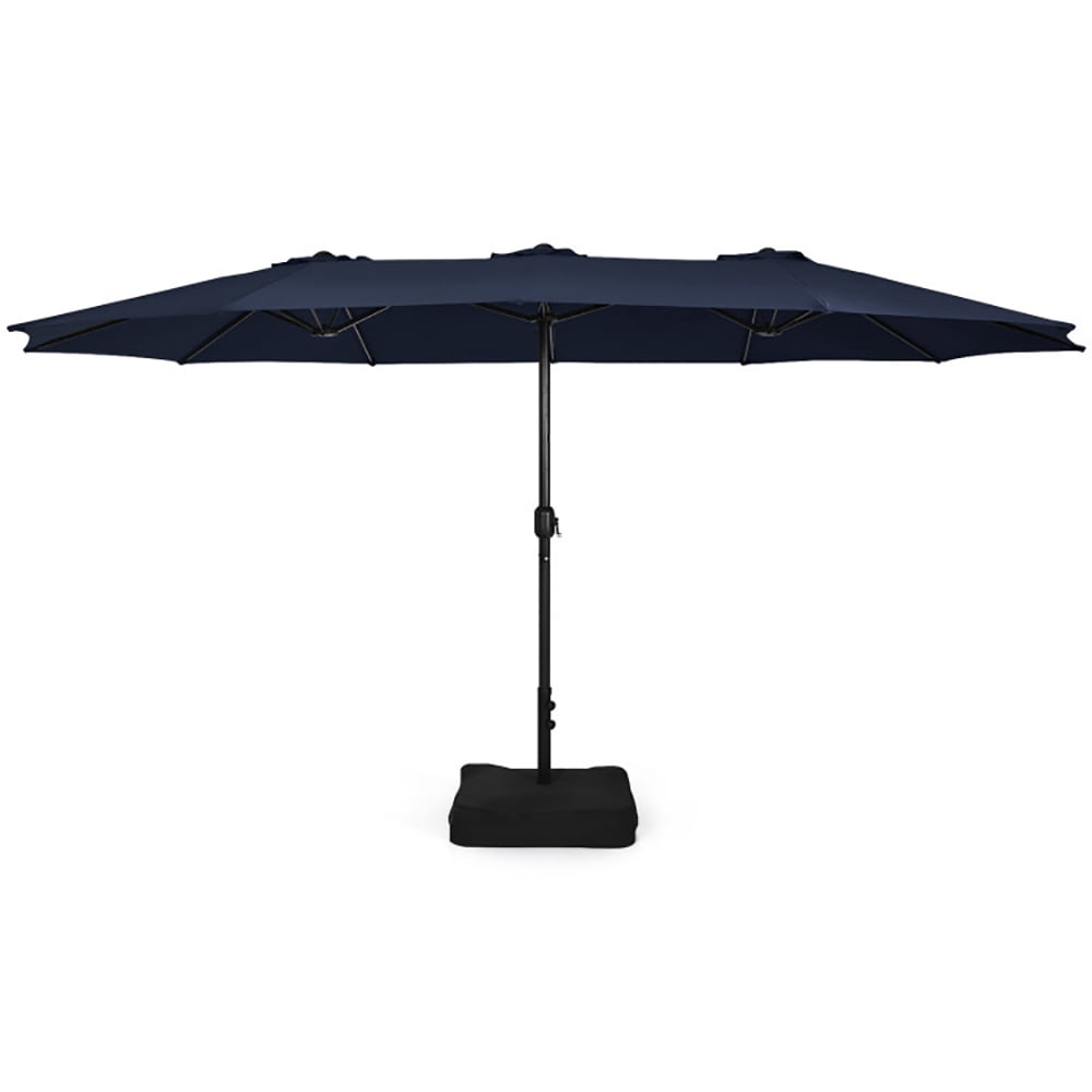 Left. Kadyn - 15 Feet Double-Sided Twin Patio Umbrella with Crank and Base-Navy, Patio Offset Umbrella with Easy Tilt Adjustment.