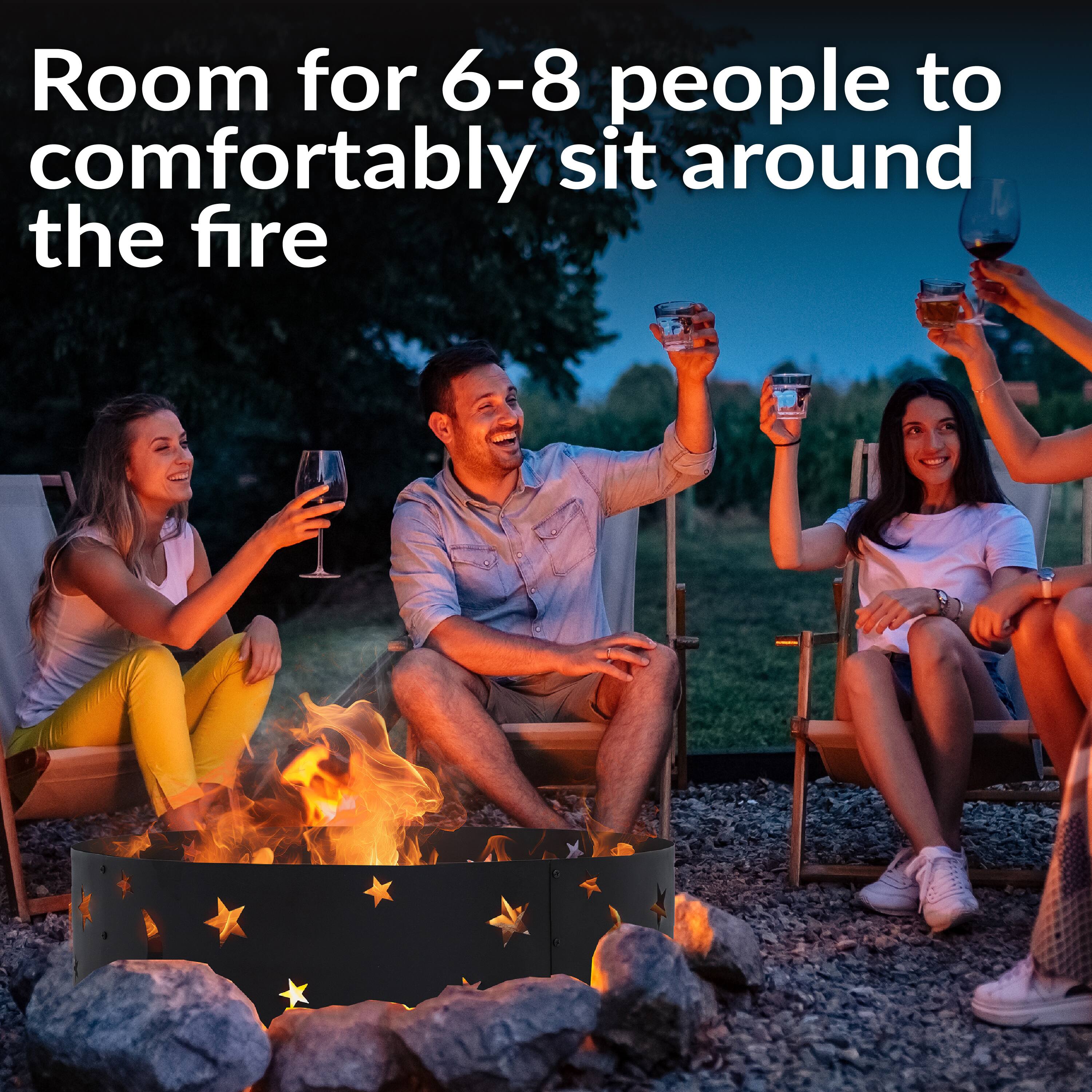 Room for 6-8 people to comfortably sit around the fire