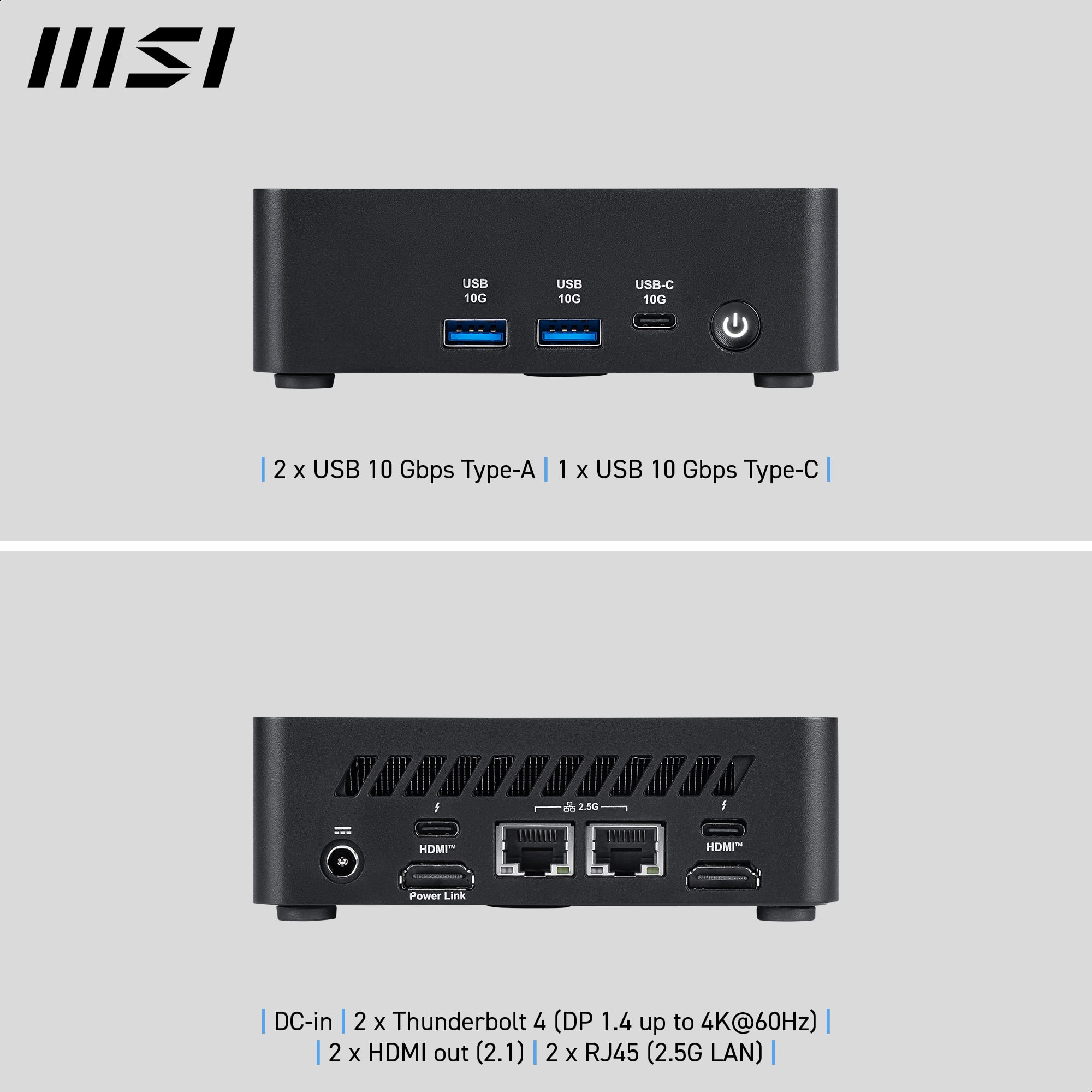 The text on the image reads:
"DC-in 2 x USB 10 Gbps Type-A 1 x USB 10 Gbps Type-C 2.5G HDMI 2 x HDMI out (2.1) 2 x RJ45 (2.5G LAN) 2 x Thunderbolt 4 (DP 1.4 up to 4K@60Hz)".