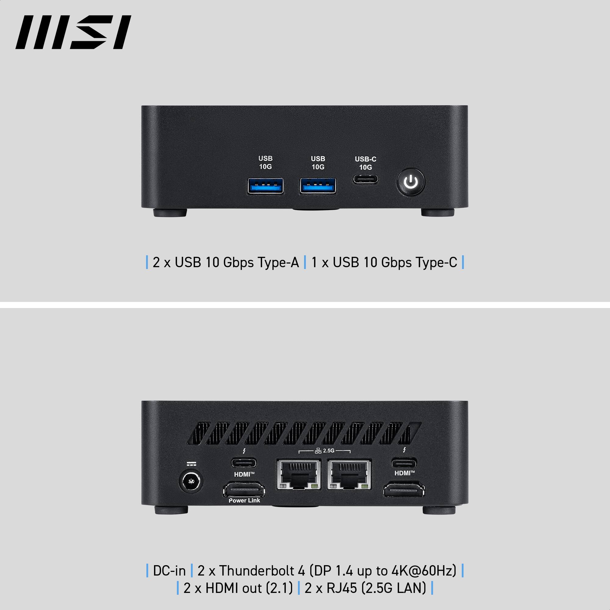 The text on the image reads:

"DC-in 2 x USB 10 Gbps Type-A 1 x USB 10 Gbps Type-C 2.5G HDMI 2 x HDMI out (2.1) 2 x RJ45 (2.5G LAN) 2 x Thunderbolt 4 (DP 1.4 up to 4K@60Hz)".