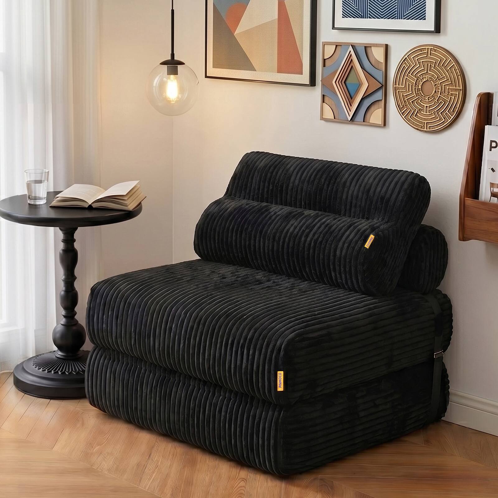 Angle. Pinmoco - Pinmoco Folding Single Sofa Bed, Corduroy Convertible Sleeper Sofa with Pillow, Accent Chair for Living Room & Bedroom - Black.