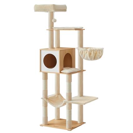 Front. Songmics Home - Cat Tree, 65-Inch Tall Cat Tower, Multi-Level Condo with Cave, Basket, Hammock, Pompom, Scratching Posts - Almond Yellow.