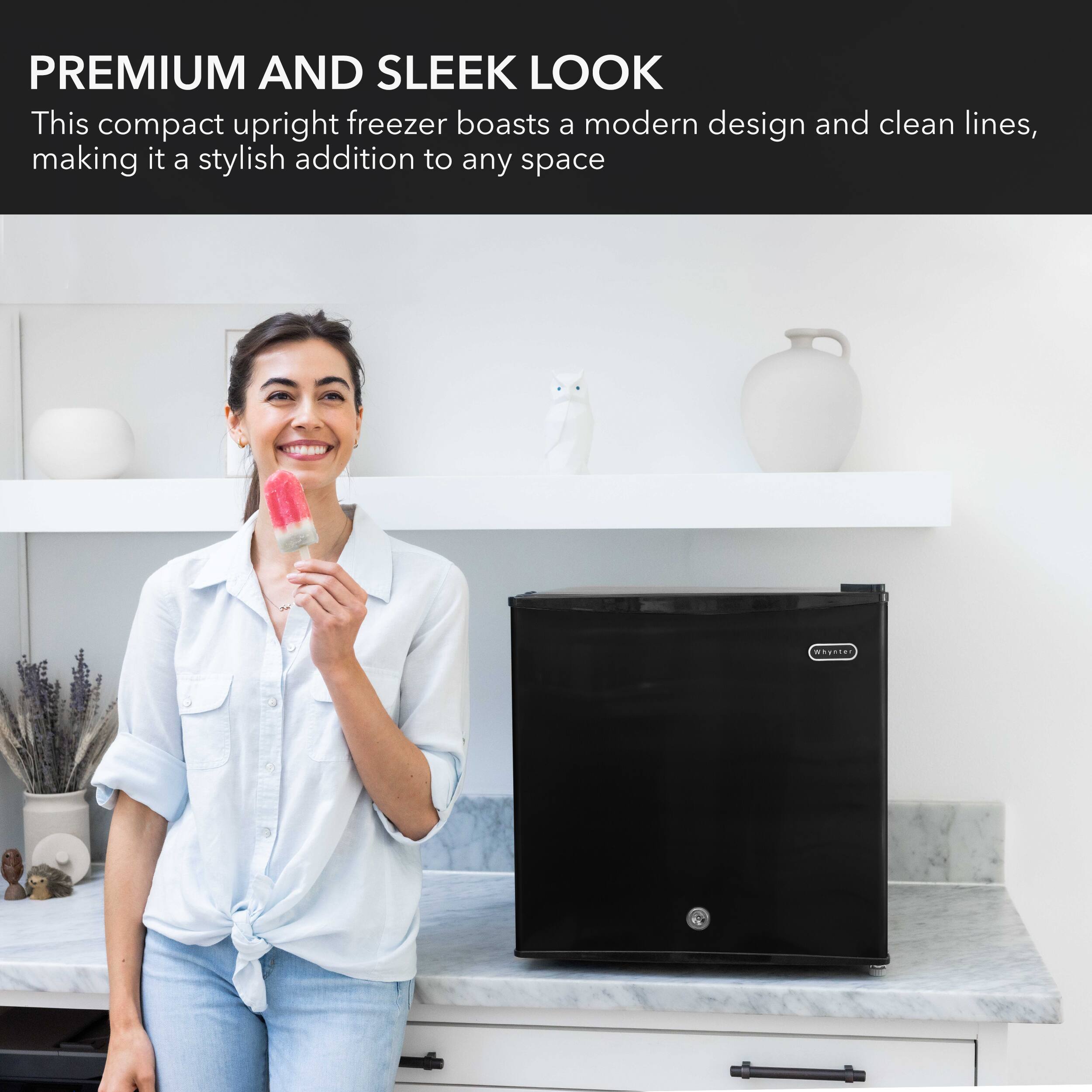 PREMIUM AND SLEEK LOOK

This compact upright freezer boasts a modern design and clean lines, making it a stylish addition to any space